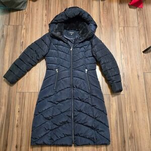 LAUNDRY by Shelli Segal Full Length Navy Quilted Puffer Coat Faux Fur Hood M